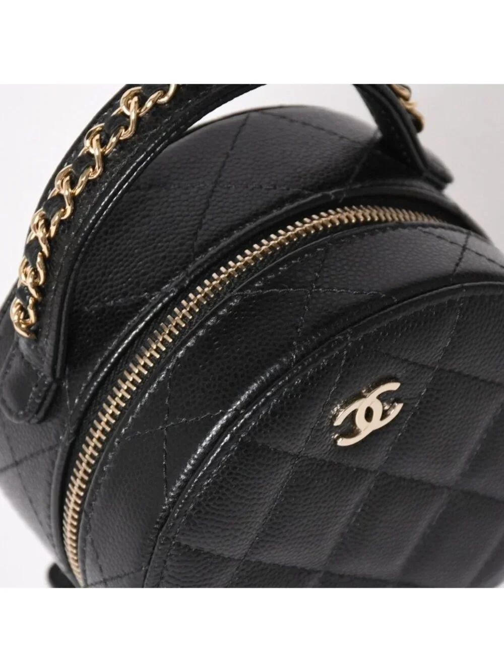 Chanel Small Round Vanity Bag Handbag Stand CC Logo Caviar Leather Black
